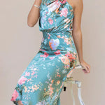 Modinzi Midi dress Women’s Floral Satin Halter Neck Midi Dress – Elegant Sleeveless Cocktail Dress