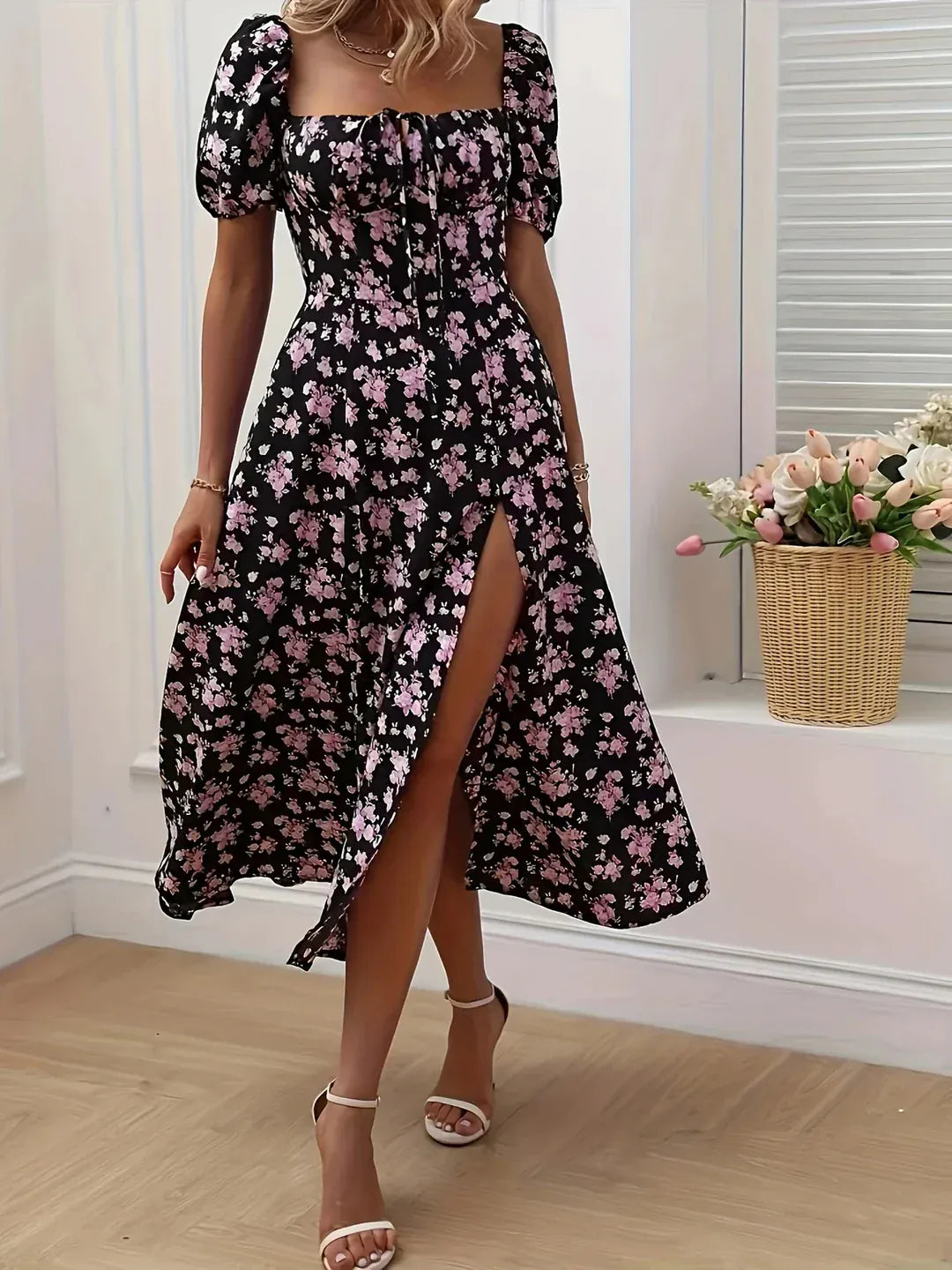 Modinzi Midi dress Pink / 6 (XS) Women’s Floral Sweetheart Midi Dress – Puff Sleeve Slit Summer Dress