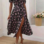 Modinzi Midi dress Pink / 6 (XS) Women’s Floral Sweetheart Midi Dress – Puff Sleeve Slit Summer Dress