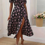 Modinzi Midi dress Pink / 6 (XS) Women’s Floral Sweetheart Midi Dress – Puff Sleeve Slit Summer Dress
