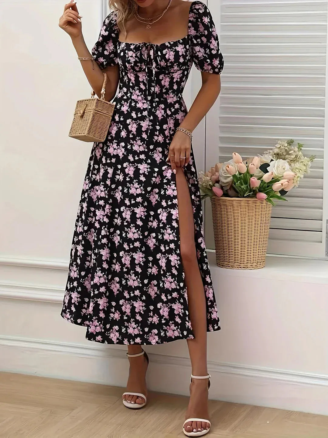 Modinzi Midi dress Women’s Floral Sweetheart Midi Dress – Puff Sleeve Slit Summer Dress
