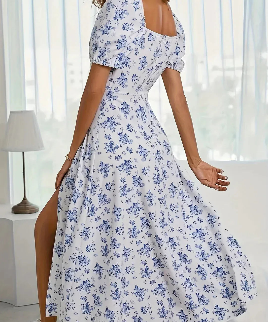 Modinzi Midi dress Women’s Floral Sweetheart Midi Dress – Puff Sleeve Slit Summer Dress