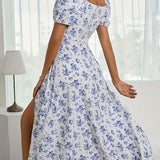 Modinzi Midi dress Women’s Floral Sweetheart Midi Dress – Puff Sleeve Slit Summer Dress