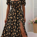 Modinzi Midi dress Women’s Floral Sweetheart Midi Dress – Puff Sleeve Slit Summer Dress