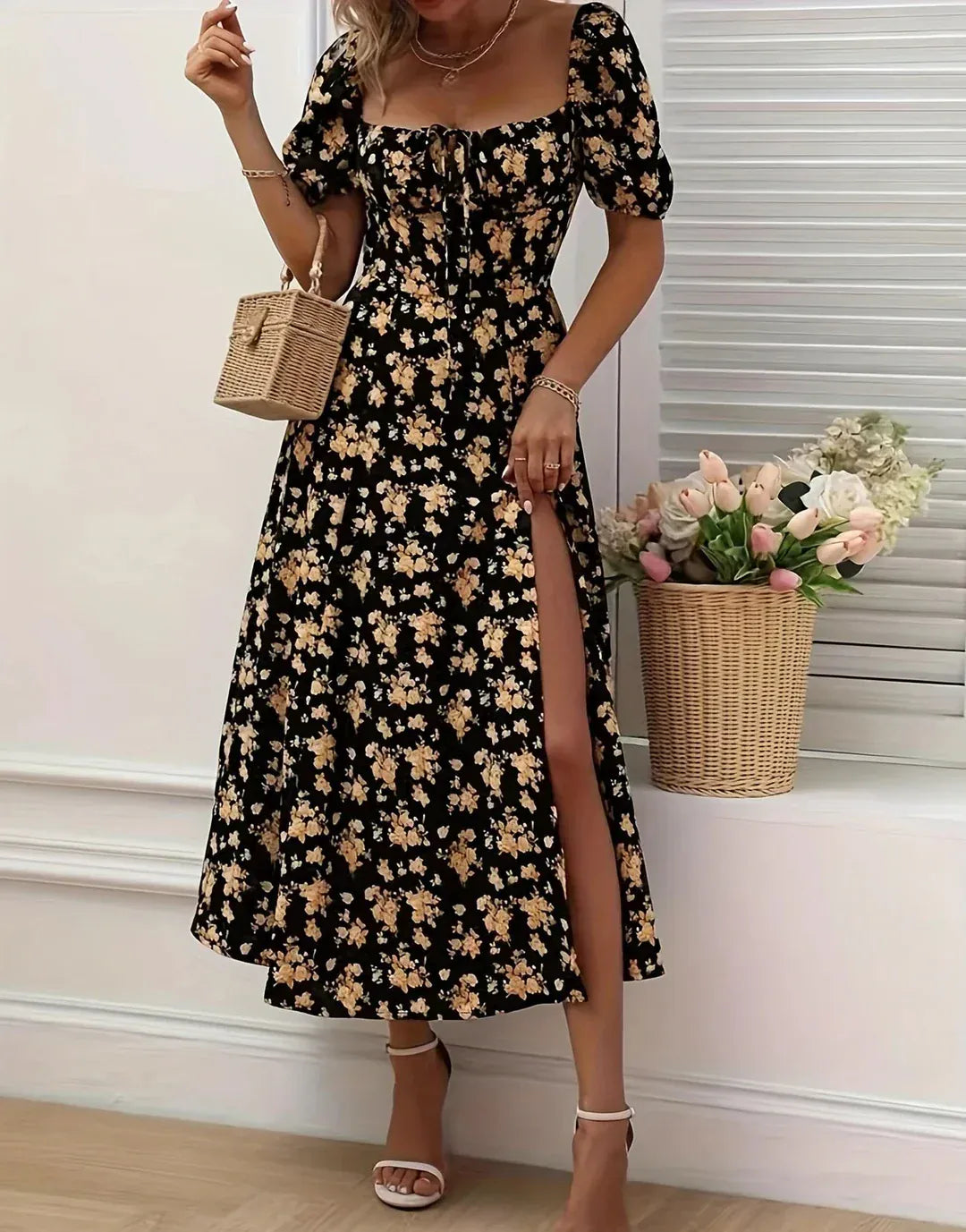 Modinzi Midi dress Women’s Floral Sweetheart Midi Dress – Puff Sleeve Slit Summer Dress