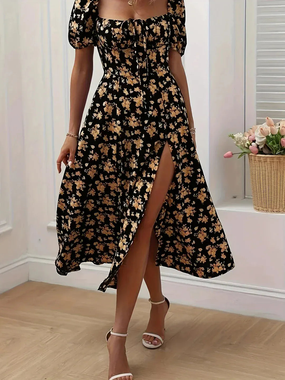 Modinzi Midi dress Yellow / 6 (XS) Women’s Floral Sweetheart Midi Dress – Puff Sleeve Slit Summer Dress