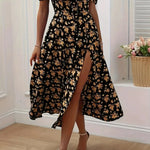 Modinzi Midi dress Yellow / 6 (XS) Women’s Floral Sweetheart Midi Dress – Puff Sleeve Slit Summer Dress