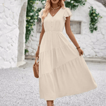 Modinzi Midi dress Beige / 8 (S) Women’s Flutter Sleeve Tiered Midi Dress – Lightweight Summer Casual Dress