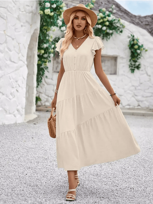 Modinzi Midi dress Beige / 8 (S) Women’s Flutter Sleeve Tiered Midi Dress – Lightweight Summer Casual Dress