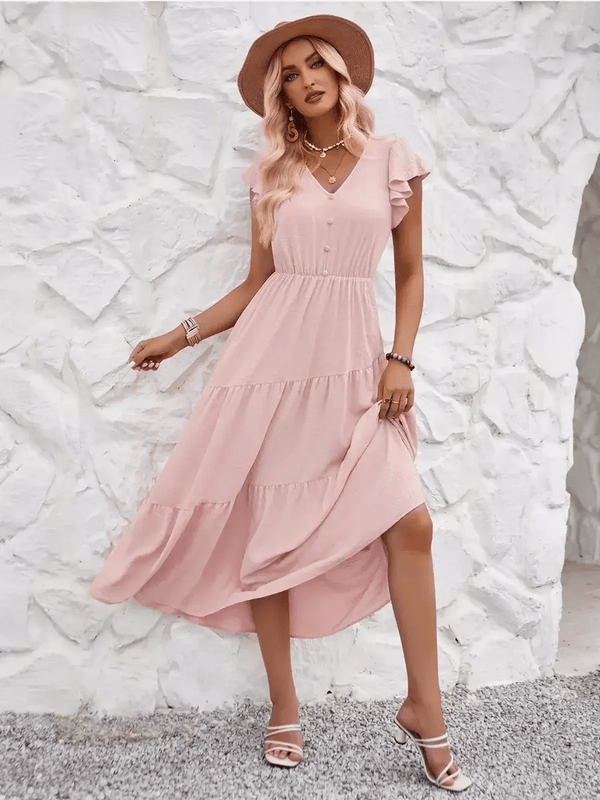 Modinzi Midi dress Pink / 8 (S) Women’s Flutter Sleeve Tiered Midi Dress – Lightweight Summer Casual Dress