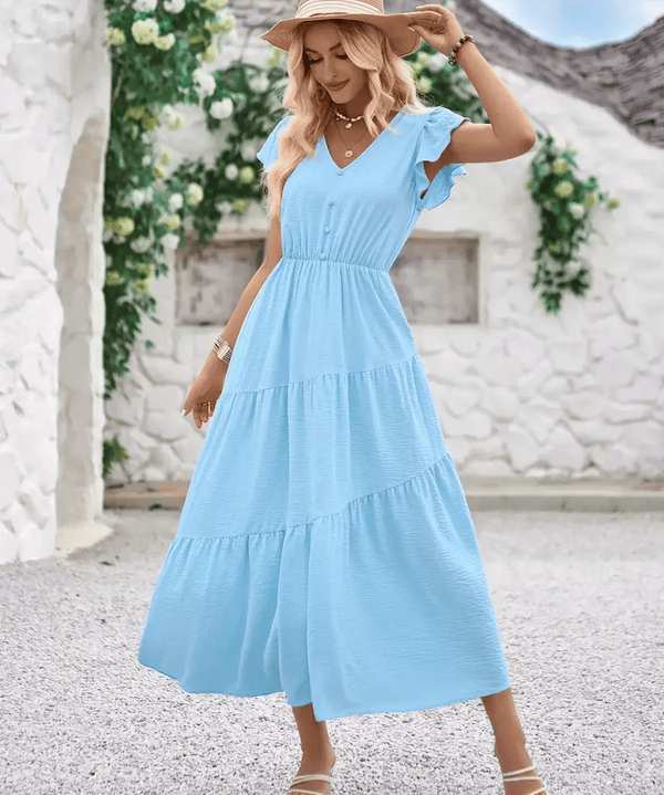 Modinzi Midi dress Women’s Flutter Sleeve Tiered Midi Dress – Lightweight Summer Casual Dress