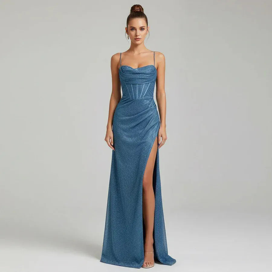 Modinzi Maxi dress Blue / 8 (S) Women’s Glitter Corset Maxi Dress – Spaghetti Strap Split Evening Gown