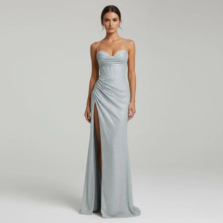 Modinzi Maxi dress Silver / 8 (S) Women’s Glitter Corset Maxi Dress – Spaghetti Strap Split Evening Gown