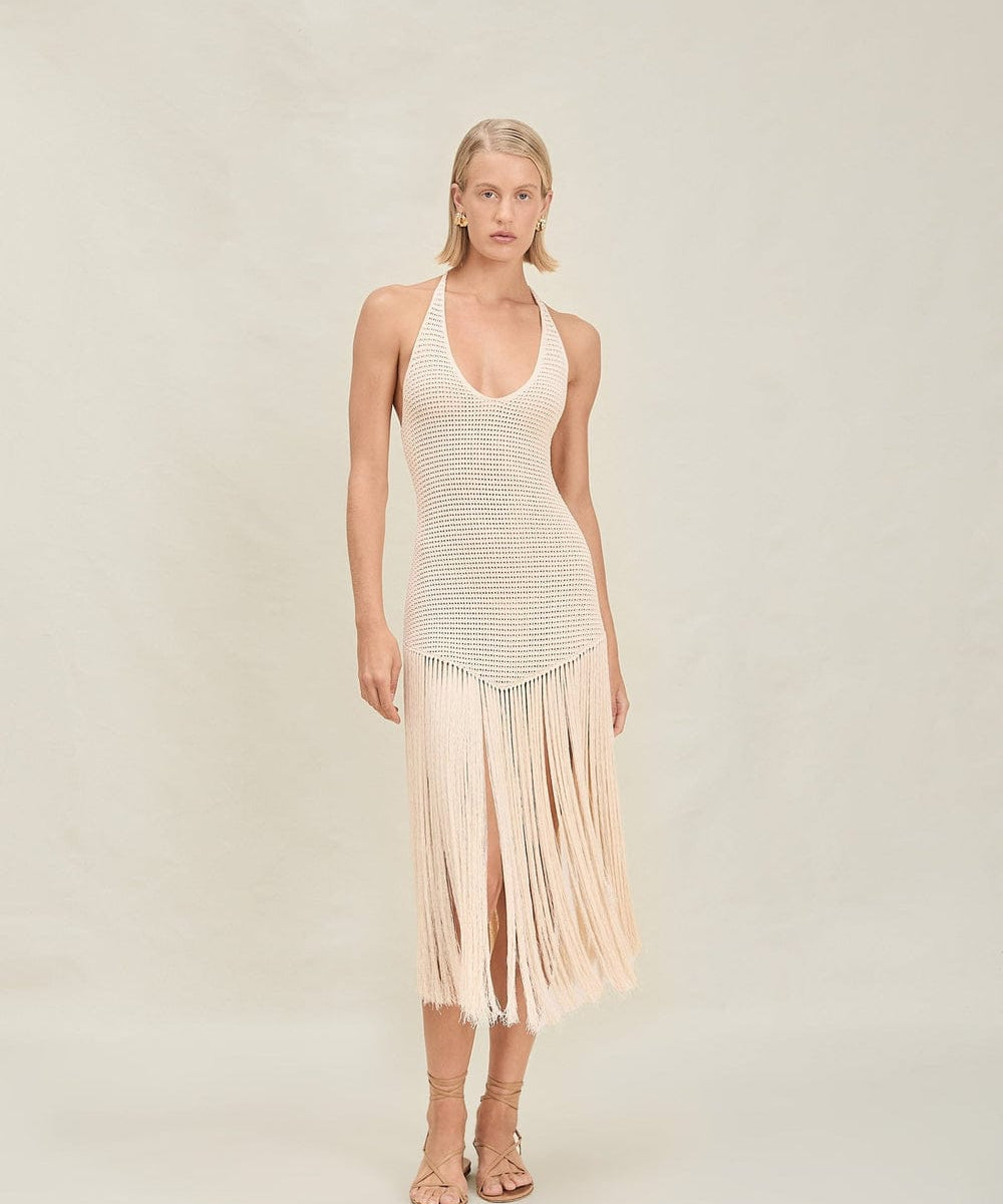 Modinzi Midi dress Women’s Halter Fringe Knit Midi Dress – Crochet Tassel Hem Resort Wear
