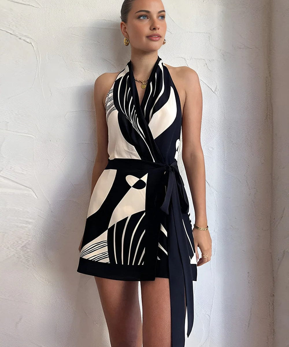 Modinzi Mini Dress black / 8 (S) Women’s Halter Neck Backless Mini Dress – Abstract Print Wrap Design