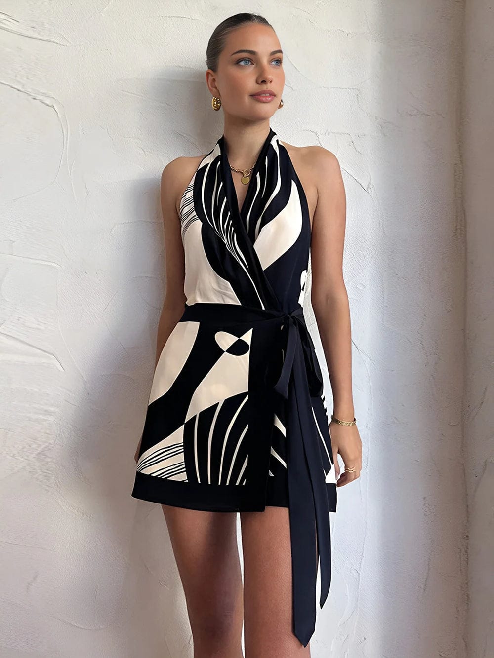 Modinzi Mini Dress black / 8 (S) Women’s Halter Neck Backless Mini Dress – Abstract Print Wrap Design