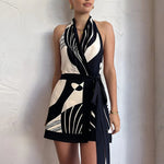 Modinzi Mini Dress black / 8 (S) Women’s Halter Neck Backless Mini Dress – Abstract Print Wrap Design