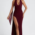 Modinzi Maxi dress Burgundy / 8 (S) Women’s Halter Neck Evening Gown – High Slit Backless Maxi Dress