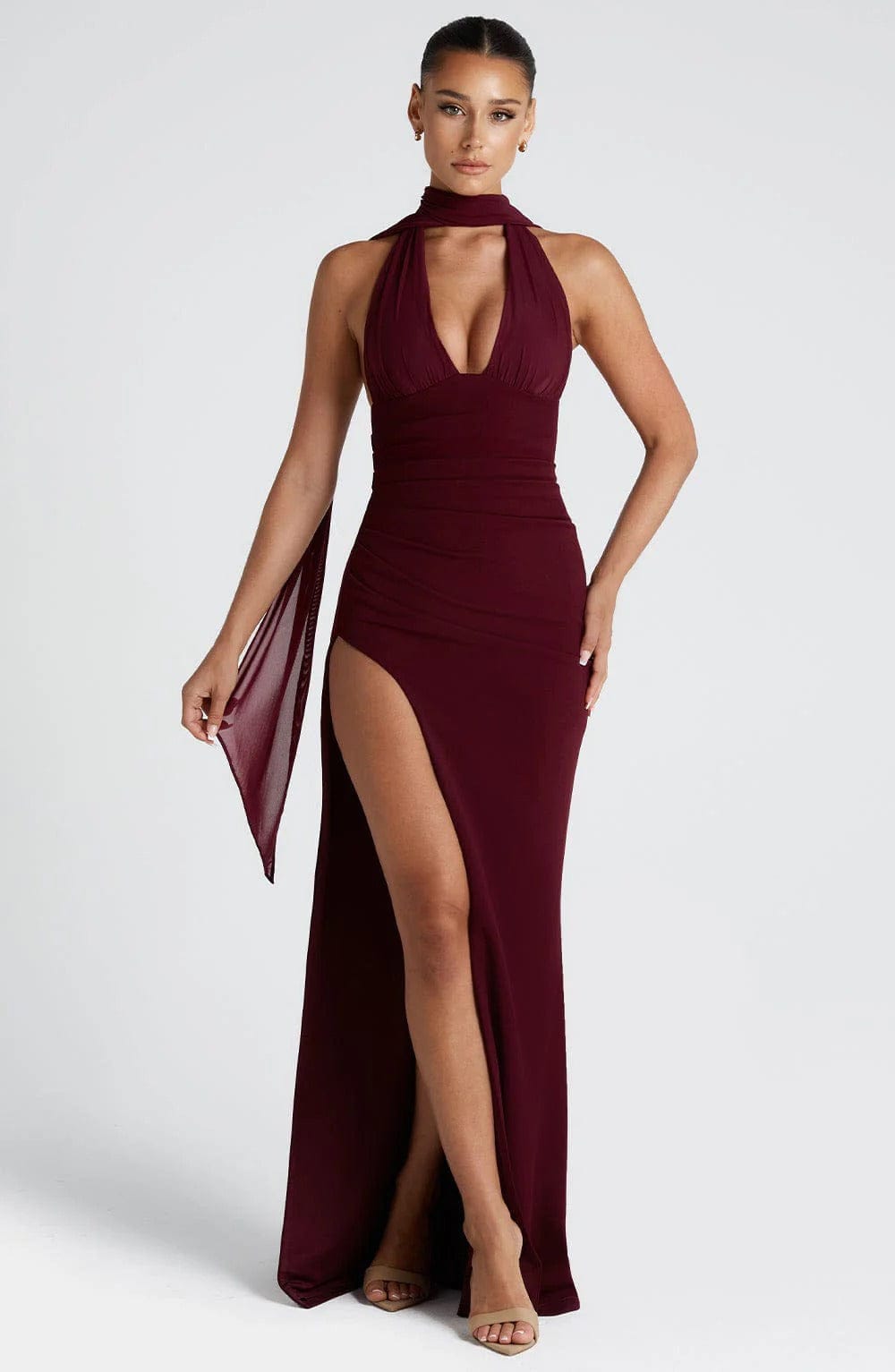 Modinzi Maxi dress Burgundy / 8 (S) Women’s Halter Neck Evening Gown – High Slit Backless Maxi Dress