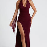 Modinzi Maxi dress Burgundy / 8 (S) Women’s Halter Neck Evening Gown – High Slit Backless Maxi Dress