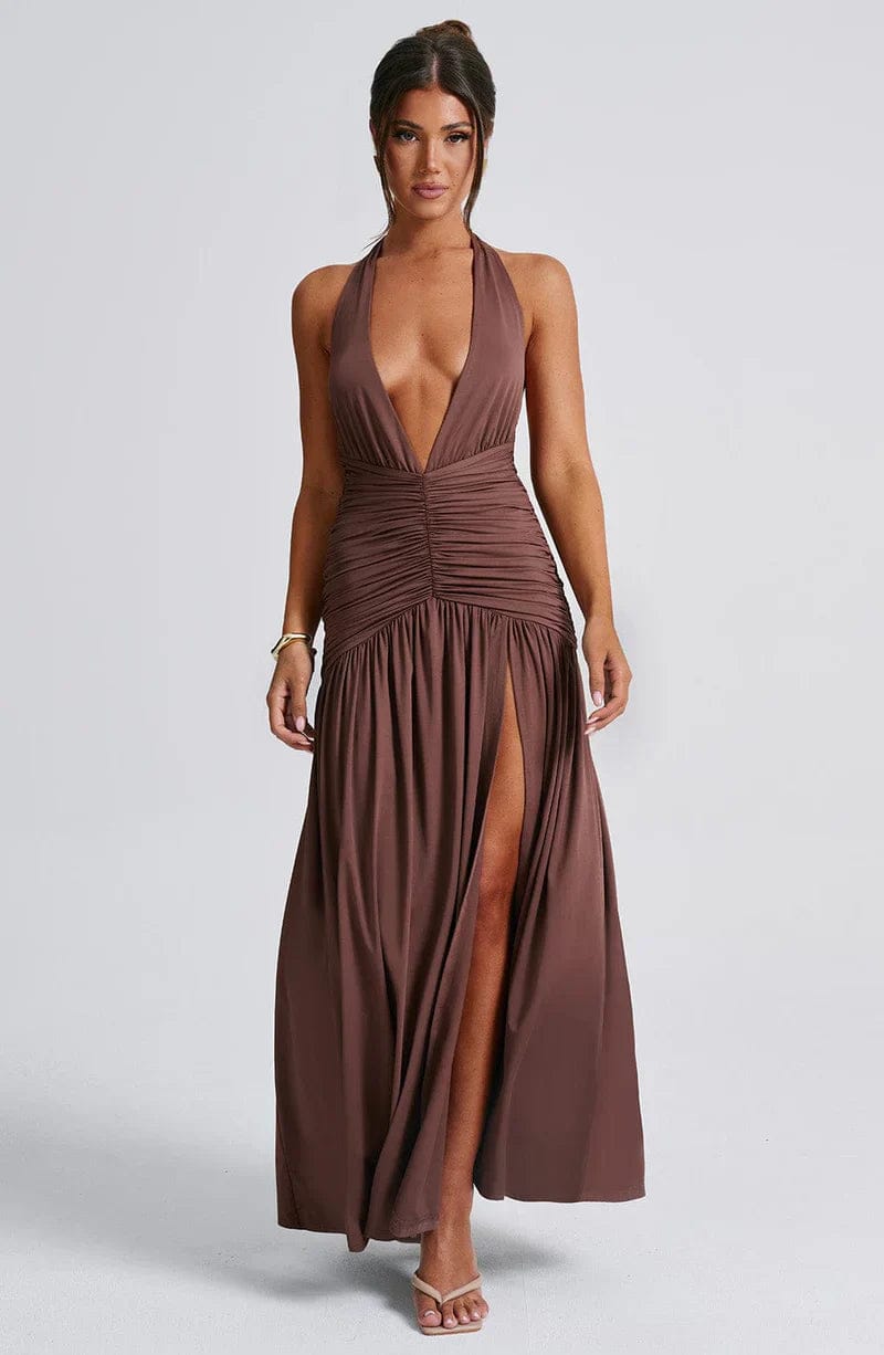 Modinzi Maxi dress Brown / 8 (S) Women’s Halter Ruched Maxi Dress – Elegant Open Back Evening Gown with High Slit
