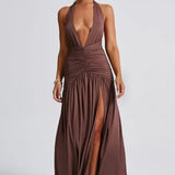 Modinzi Maxi dress Brown / 8 (S) Women’s Halter Ruched Maxi Dress – Elegant Open Back Evening Gown with High Slit