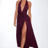 Modinzi Maxi dress Burgundy / 8 (S) Women’s Halter Ruched Maxi Dress – Elegant Open Back Evening Gown with High Slit