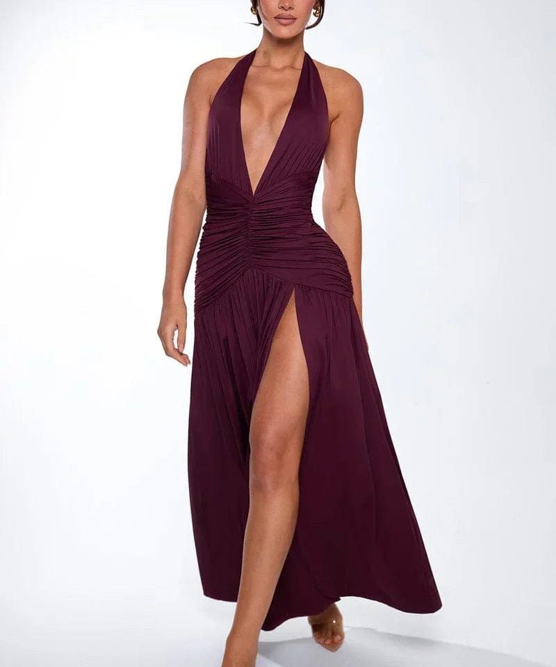 Modinzi Maxi dress Burgundy / 8 (S) Women’s Halter Ruched Maxi Dress – Elegant Open Back Evening Gown with High Slit