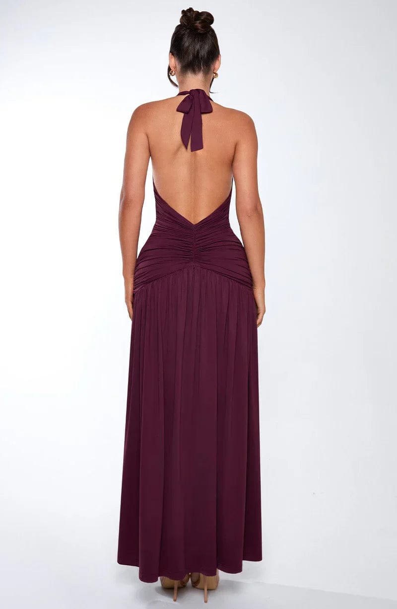 Modinzi Maxi dress Women’s Halter Ruched Maxi Dress – Elegant Open Back Evening Gown with High Slit