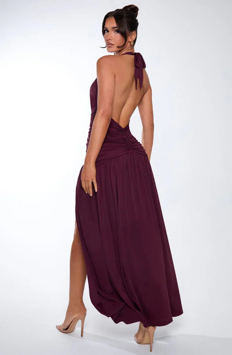 Modinzi Maxi dress Women’s Halter Ruched Maxi Dress – Elegant Open Back Evening Gown with High Slit