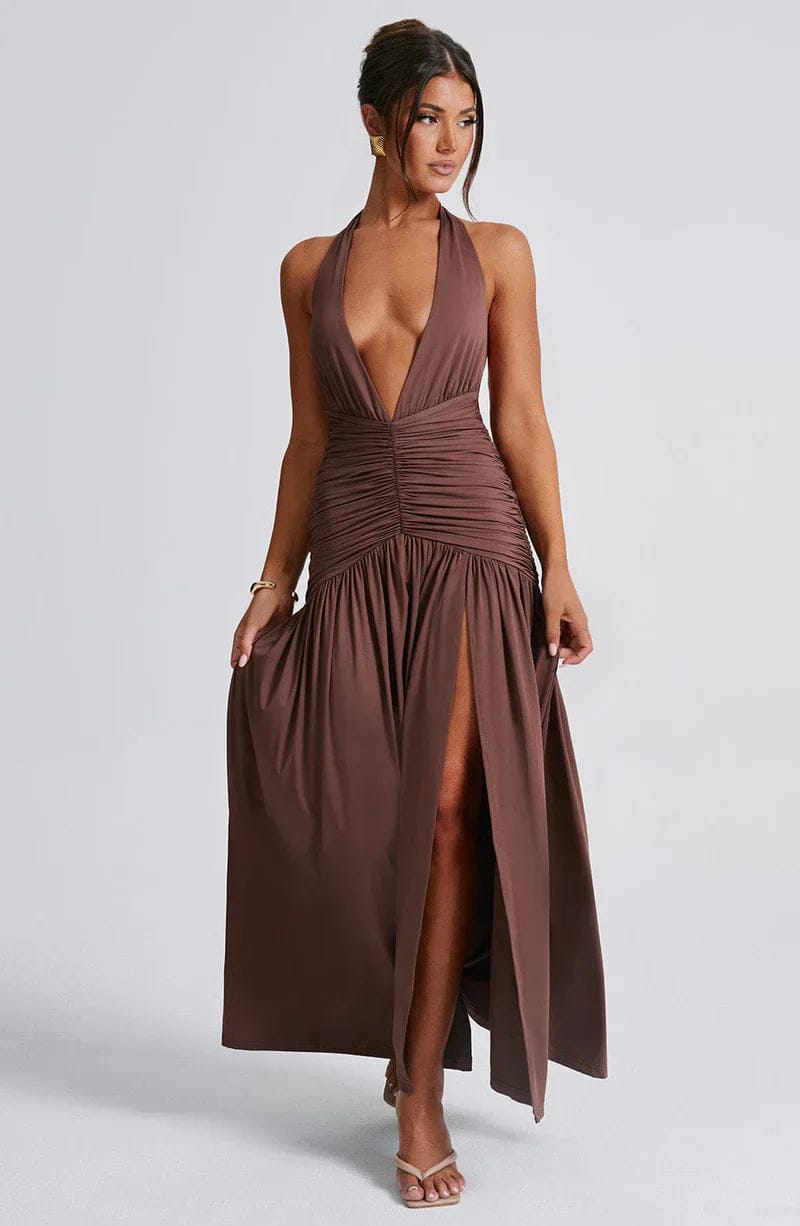 Modinzi Maxi dress Women’s Halter Ruched Maxi Dress – Elegant Open Back Evening Gown with High Slit