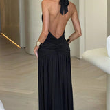 Modinzi Maxi dress Women’s Halter Ruched Maxi Dress – Elegant Open Back Evening Gown with High Slit