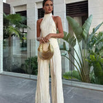 Modinzi Sets Ivory / 8 (S) Women’s Ivory Pleated Halter Jumpsuit – Backless Wide-Leg Set