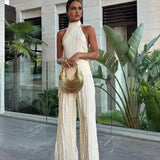 Modinzi Sets Ivory / 8 (S) Women’s Ivory Pleated Halter Jumpsuit – Backless Wide-Leg Set