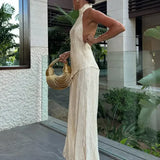 Modinzi Sets Ivory / 8 (S) Women’s Ivory Pleated Halter Jumpsuit – Backless Wide-Leg Set