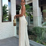 Modinzi Sets Ivory / 8 (S) Women’s Ivory Pleated Halter Jumpsuit – Backless Wide-Leg Set