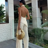 Modinzi Sets Ivory / 8 (S) Women’s Ivory Pleated Halter Jumpsuit – Backless Wide-Leg Set