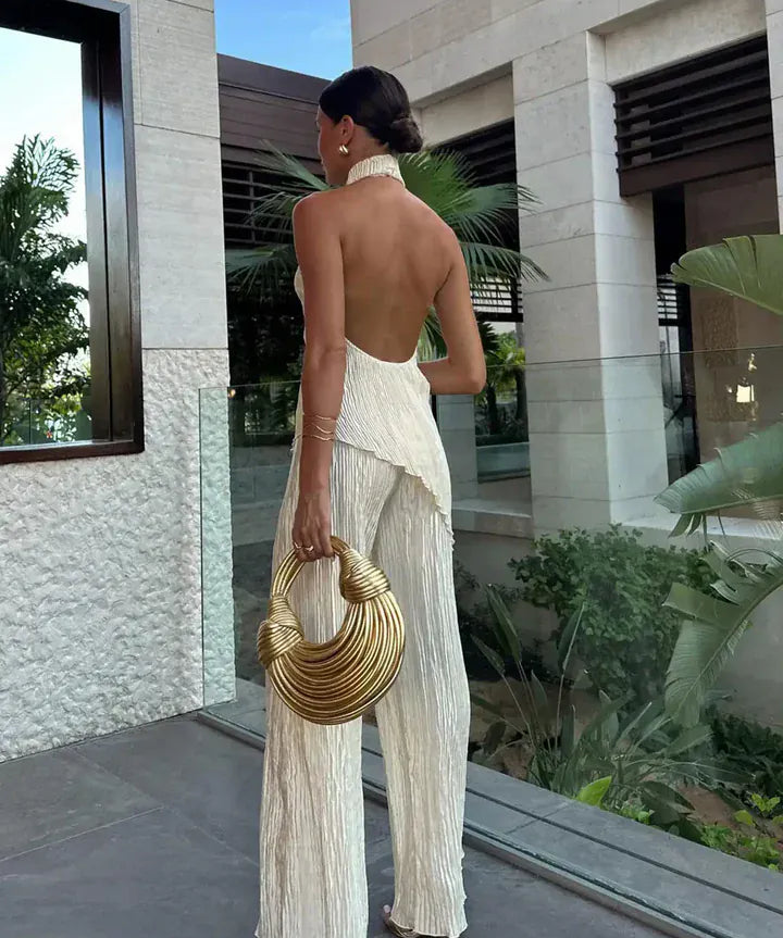 Modinzi Sets Ivory / 8 (S) Women’s Ivory Pleated Halter Jumpsuit – Backless Wide-Leg Set