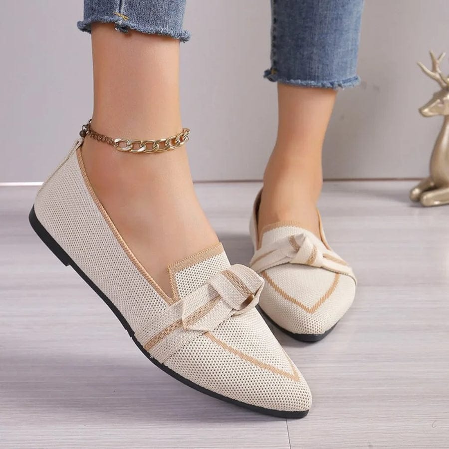 Modinzi loafers Beige / 4 Women’s Knitted Pointed-Toe Loafers – Slip-On Flat Shoes with Twist Knot Detail