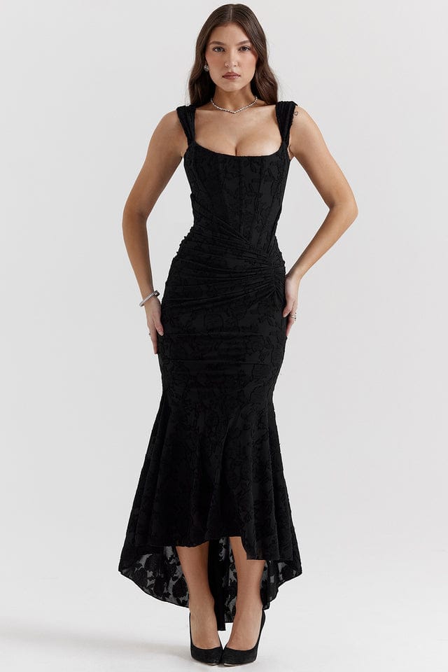 Modinzi Maxi dress Black / 8 (S) Women’s Lace Corset Maxi Dress – Ruched Bodycon with High-Low Hem