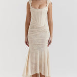 Modinzi Maxi dress Beige / 8 (S) Women’s Lace Corset Maxi Dress – Sleeveless Ruched Hem Evening Gown