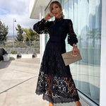 Modinzi Midi dress black / 8 (S) Women’s Lace Midi Dress – Long Sleeve High Neck Elegant Cocktail Outfit
