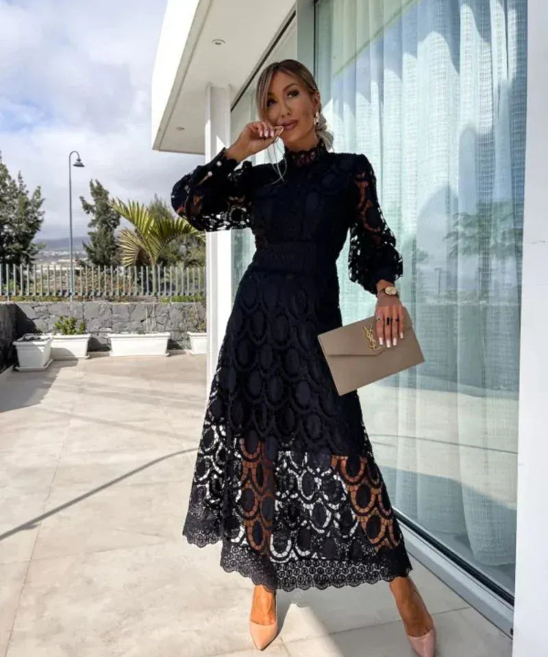 Modinzi Midi dress black / 8 (S) Women’s Lace Midi Dress – Long Sleeve High Neck Elegant Cocktail Outfit