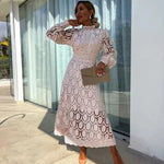 Modinzi Midi dress White Midi / 8 (S) Women’s Lace Midi Dress – Long Sleeve High Neck Elegant Cocktail Outfit