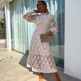 Modinzi Midi dress White Midi / 8 (S) Women’s Lace Midi Dress – Long Sleeve High Neck Elegant Cocktail Outfit