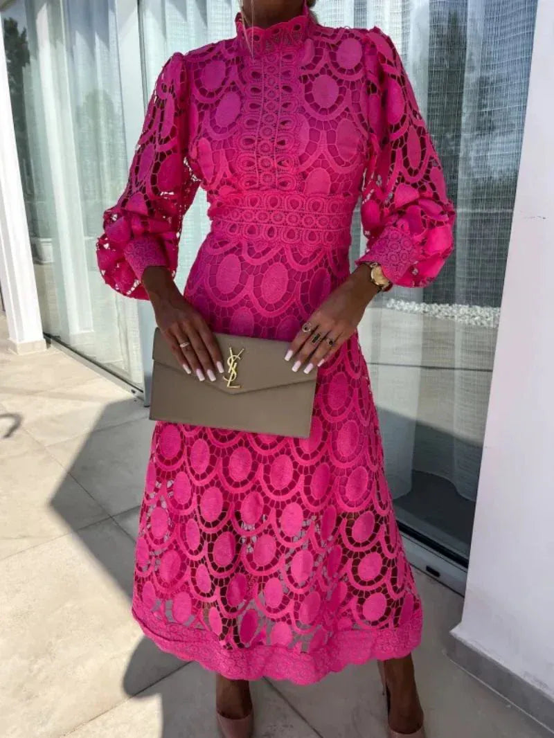 Modinzi Midi dress Women’s Lace Midi Dress – Long Sleeve High Neck Elegant Cocktail Outfit