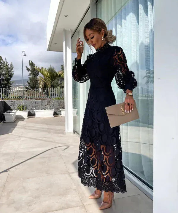 Modinzi Midi dress Women’s Lace Midi Dress – Long Sleeve High Neck Elegant Cocktail Outfit
