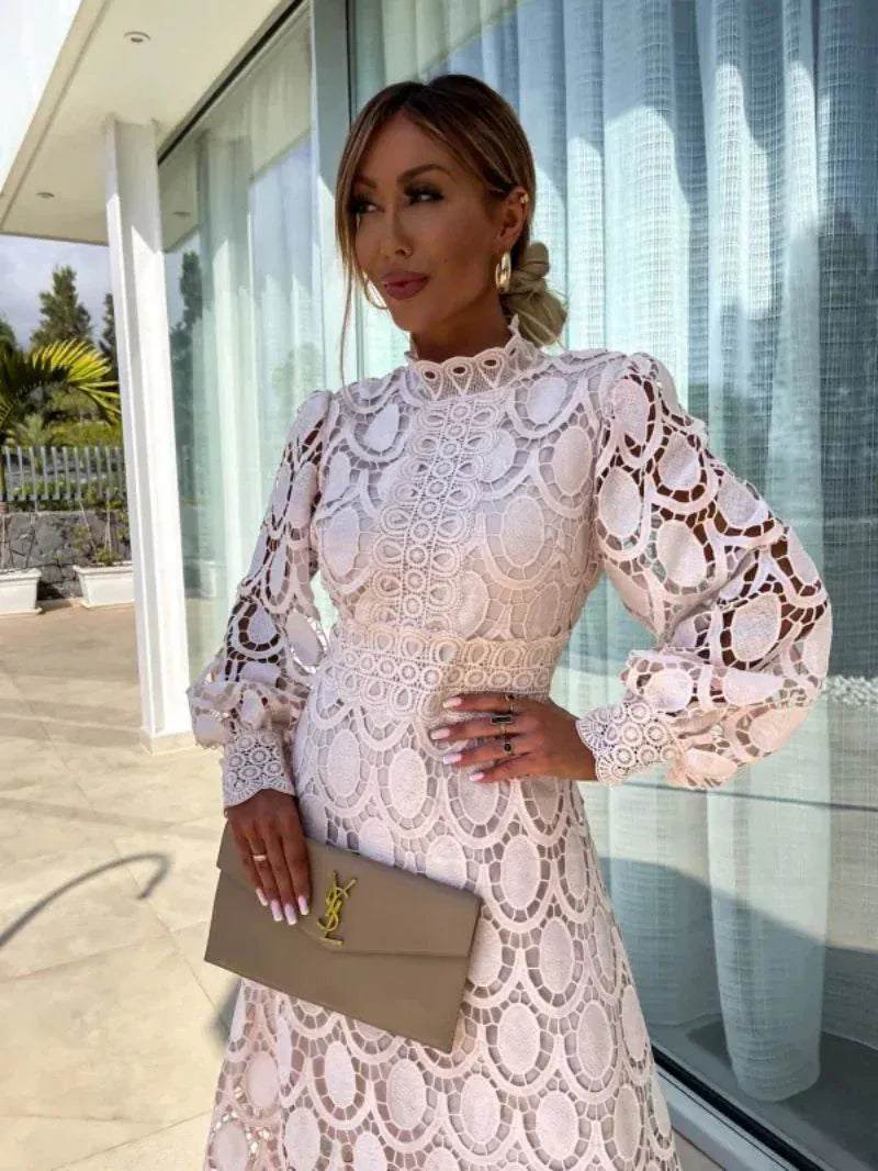 Modinzi Midi dress Women’s Lace Midi Dress – Long Sleeve High Neck Elegant Cocktail Outfit
