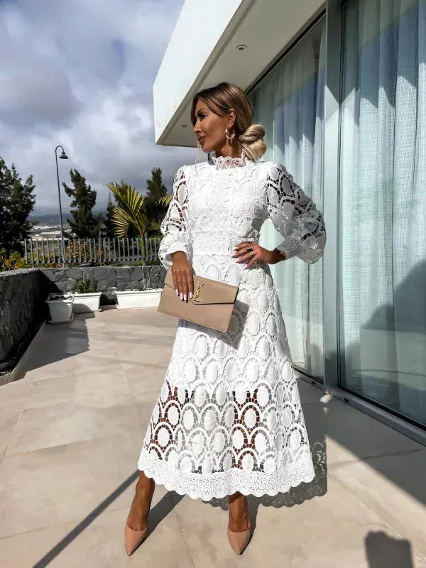 Modinzi Midi dress Women’s Lace Midi Dress – Long Sleeve High Neck Elegant Cocktail Outfit
