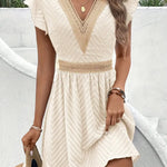 Modinzi Mini Dress Beige / 8 (S) Women’s Lace-Trim Mini Dress – V-Neck Short Sleeve A-Line Summer Dress